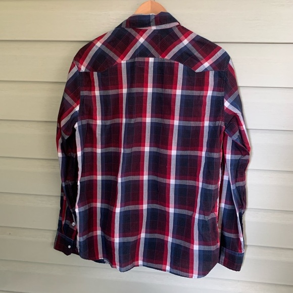 LEVI’S western plaid Pearl snap shirt blue Red White Plaid sz L button down EUC - Picture 4 of 11